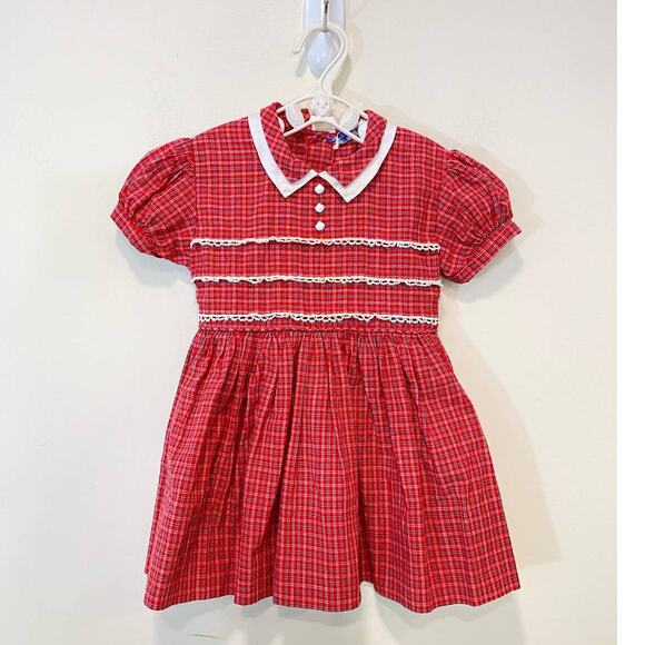 VTG Tiny Town Tots Red Plaid Dress Belted ,Peter Pan Collar, Cotton USA Made 3y - Picture 3 of 7